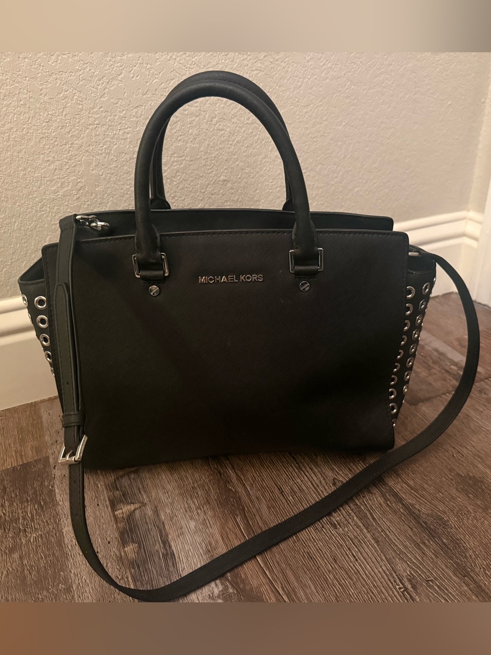 Michael Kors Black Saffiano Leather Satchel with Grommet Detail